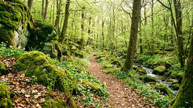Bosque caducifolio con rocas cubiertas de musgo verde vibrante y hojas secas en el suelo. Atm&oacute;sfera m&aacute;gica, natural y serena durante la primavera.