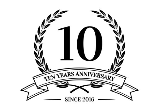 10 years anniversary laurel wreath logo or icon. Jubilee, birthday badge, label or emblem. 10th celebration design element. Vector illustration.