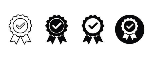Approved icon set with certified medal symbols, quality assurance badges and check mark seals for verification, guarantee and approval vector illustration. © Khoteza