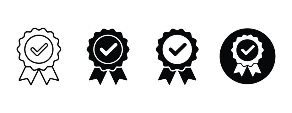 Approved icon set with certified medal symbols, quality assurance badges and check mark seals for verification, guarantee and approval vector illustration.