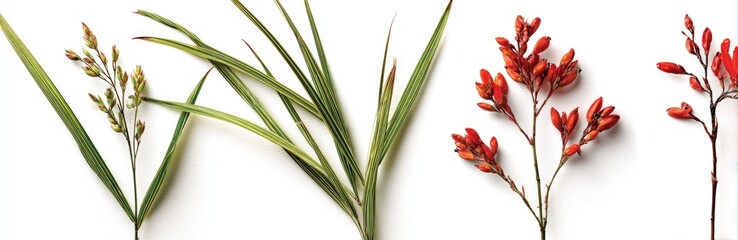 Fototapeta premium An arrangement featuring two types of greenery and red floral sprigs on a white background