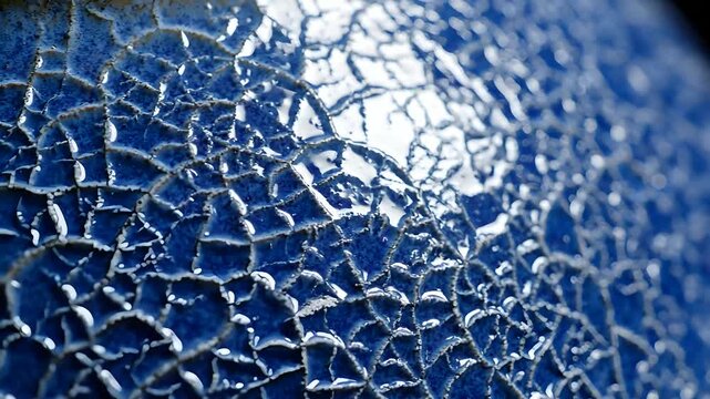 Macro closeup view of blue ceramic surface developing fine crackle glaze under bright light reflection