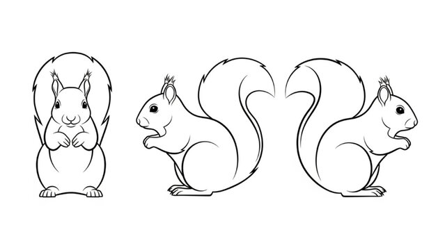 Squirrel Line Art Vector Set Front Side Three Quarter View Animal Outline Illustration
