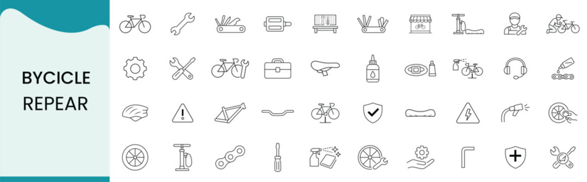 Bicycle repair icons set, including bike parts, maintenance tools, mechanic service, and cycling equipment, thin line style vector illustration