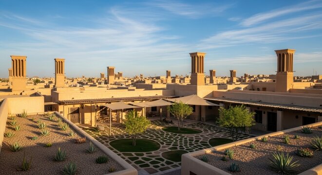 Spectacular Desert Courtyard at Dusk with Traditional Windcatchers and Lush Landscaping