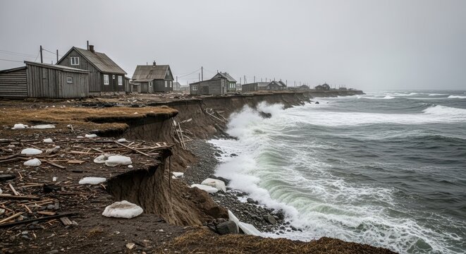 Coastal erosion, abandoned village, storm surge, sea level rise, coastal community, weather damage