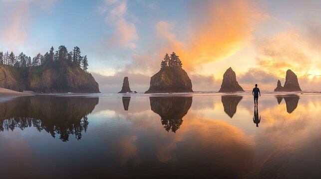 Panoramic Sunset: Lone Figure Reflecting on Pacific Beach with Majestic Sea Stacks