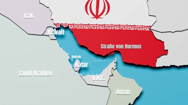 Map of Iran with Iranian flag overlay and the Strait of Hormuz (in German "Stra&szlig;e von Hormus"), zooming in and an animated dotted arrow depicting the strait. Named neighbour countries.