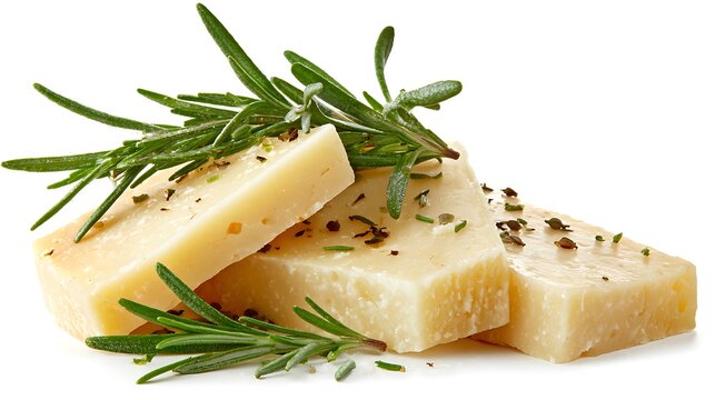 Three cheese wedges with rosemary sprigs, herbs on top, isolated on white