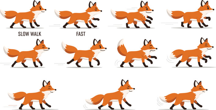 Cartoon fox animation sequence set showing walking running and different poses, cute woodland animal character vector illustration collection