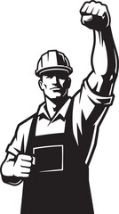 Retro industrial worker vector illustration, strong laborer wearing hard hat and apron with raised fist, vintage propaganda style construction man © MdAbdul