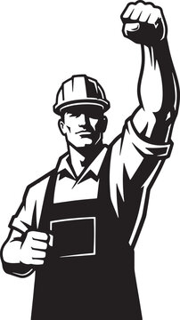 Retro industrial worker vector illustration, strong laborer wearing hard hat and apron with raised fist, vintage propaganda style construction man