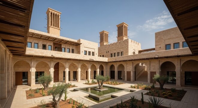 Desert Courtyard with Wind Towers and Arched Balconies