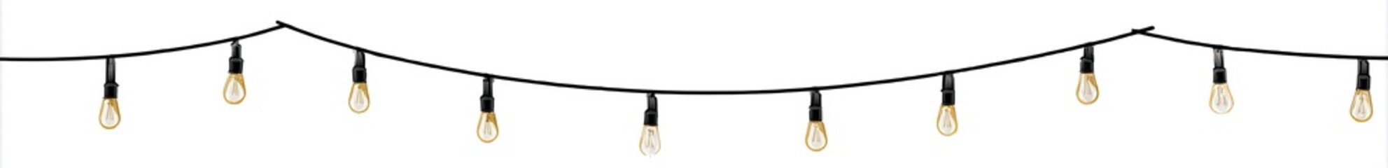Fototapeta premium String of warm, glowing bulbs on a black wire, gently curved against a white background