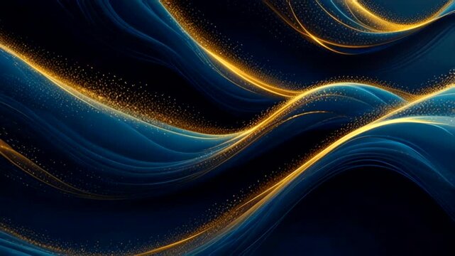 An elegant abstract background with a dynamic wave pattern in dark and light blue. Glittering golden curved lines add a touch of luxury.