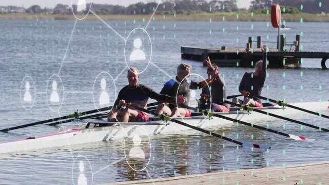 Rowing sports crew pausing beside wooden dock, greeting shore while network overlay fading in