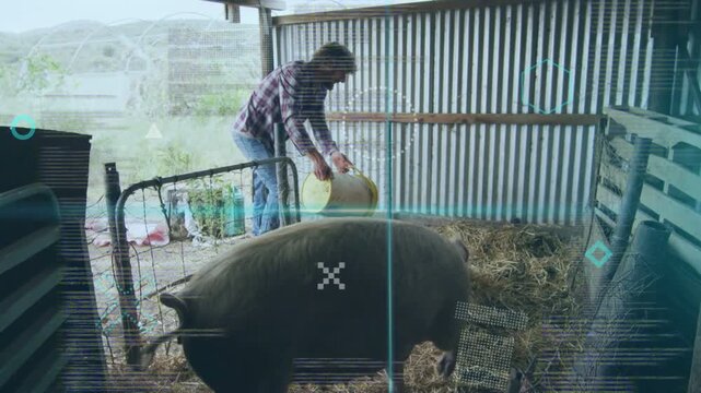 Farmer tipping yellow bucket, pouring feed into trough for feeding pig, HUD tracking feed flow