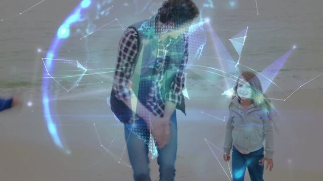 Father with two kids jogging toward lens closing in initiating tech network sphere for high fives