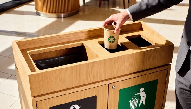 Businessman putting paper coffee cup into wooden recycling bin. Corporate sustainability and waste management in modern office. Hospitality operations concept