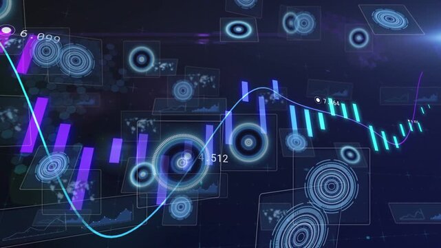 Animated financial chart dipping and rising after data drop, HUD rings pulsing to show trend shift
