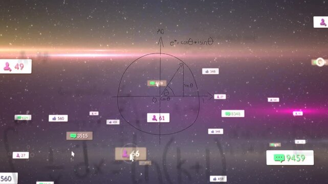 Badges floating from edges starting diagrams, circle appearing, parabola forming, illustrating area