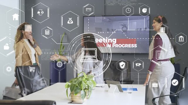 3 women greeting newcomer entering, handshaking while HUD hex icons over hands and table, business