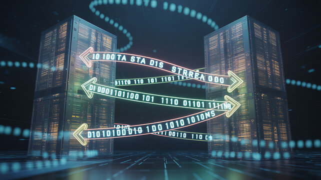 Futuristic data transfer between servers with binary code streams in a dark room