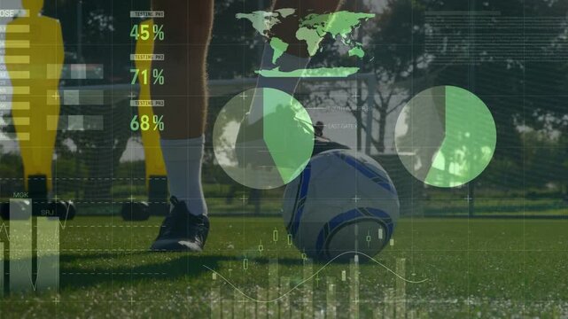 Player nudging ball during training, data HUD updating stats, pie charts growing, coach watching