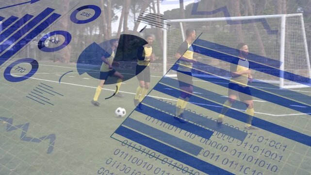 Five players moving to goal, ball rolling and adjusting during sports drill, blue charts over pitch