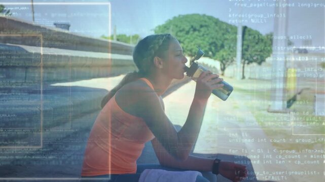 Girl athlete rehydrating after practice on stands, HUD tracking fitness watch metrics