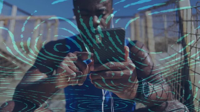 Man is sitting by metal railing in flat design, holding smartphone with teal swirl overlay