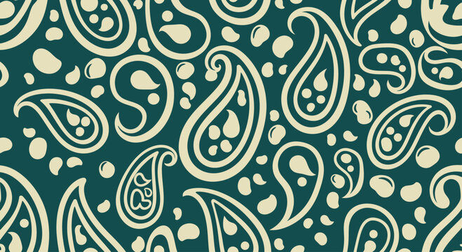 A repetitive pattern of stylized teardrop shapes and dots in beige on a dark teal background