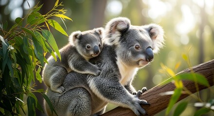 Obraz premium Koala mother carrying joey on back, australian wildlife in eucalyptus forest, cute marsupial family in sunny nature