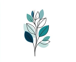 Fototapeta premium Simple line drawing of a leafy plant stem with shades of blue and teal leaves