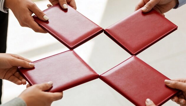 Close up of diverse hands holding red folders in a square formation. Teamwork and collaboration concept. Business partners joining documents together. Top view flat lay