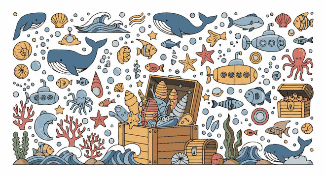 Colorful cartoon treasure chest underwater scene.