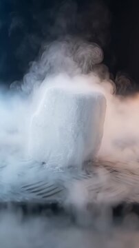 Frosty dry ice block sublimates with dense cold vapor cascading over corrugated metallic surface