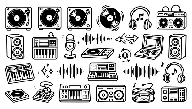 Retro DJ Music Equipment Collection with Vector Turntables Vinyl Records Headphones Speakers Microphone and Audio Mixer Elements Hand Drawn Doodle Icons for Musical Production Graphic Design