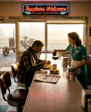 A man in a plaid shirt eats breakfast at a diner counter while a waitress pours coffee.