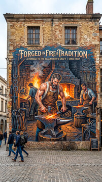 Mural art&iacute;stico en una fachada que rinde homenaje al oficio de la forja. Muestra a herreros trabajando con fuego, yunque y herramientas tradicionales en un estilo realista y colorido.
