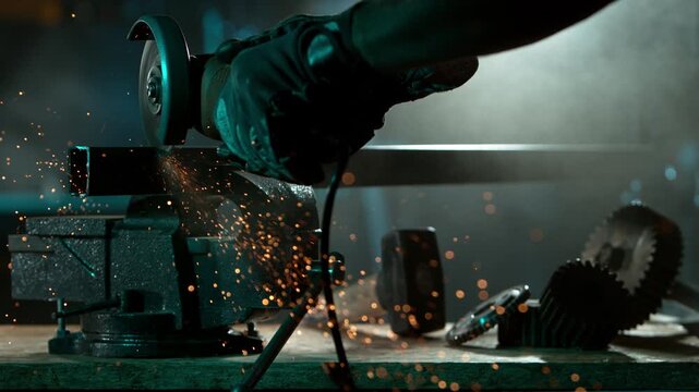 Super Slow Motion of Working Metal Cutter in Workshop. Detail shot, low depth of focus.. Filmed on High Speed Cinema Camera, 1000 fps.