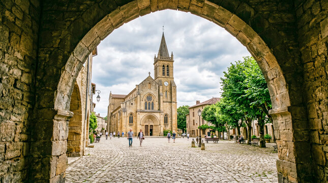 Vista de una iglesia hist&oacute;rica enmarcada por un arco de piedra. La plaza empedrada y los &aacute;rboles verdes destacan bajo un cielo nublado, creando una atm&oacute;sfera de serenidad y patrimonio antiguo.