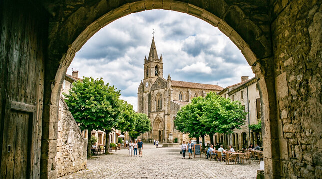 Vista de una iglesia hist&oacute;rica enmarcada por un arco de piedra. La plaza empedrada y los &aacute;rboles verdes destacan bajo un cielo nublado, creando una atm&oacute;sfera de serenidad y patrimonio antiguo.