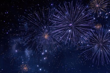 Fototapeta premium Vivid bursts of light explode in the dark night sky, surrounded by shimmering dots
