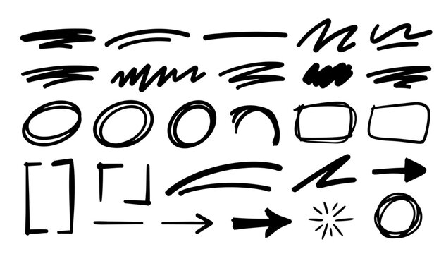 Set of hand drawn black ink circles frames brackets and arrows for design elements sketch markers lines highlighting underlines and borders isolated on white background vector illustration