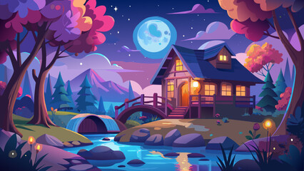 Whimsical cartoon house, serene landscape, moonlit night scene, colorful illustration © Adobe