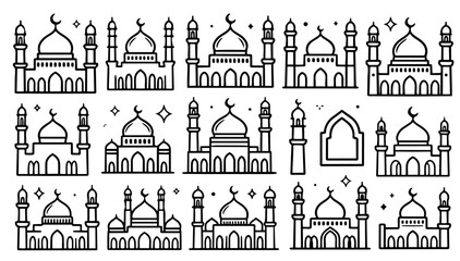 Set of hand drawn black ink mosque icons and Islamic architectural elements for Ramadan Kareem and Eid Mubarak design doodles isolated on white background vector line graphic illustration art © Creative Lab