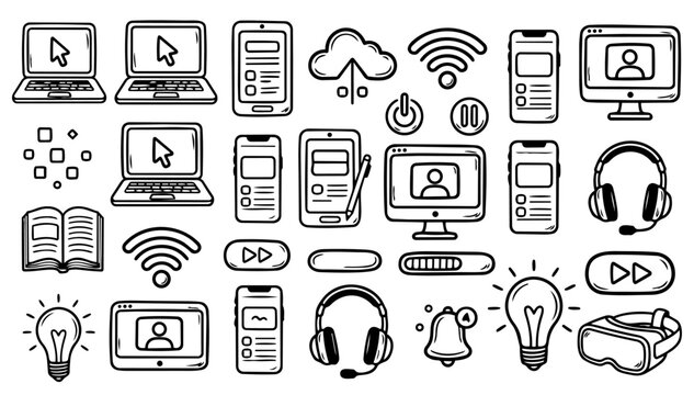 Set of hand drawn black ink technology icons including laptop computer smartphone screen headphones wifi and cloud symbols for digital design doodles isolated on white background vector art