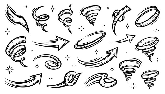 Hand drawn motion effect doodle set with spiral swooshes comic book arrows and wind flow swirls. Minimalist black ink sketch icons for creative dynamic design projects and motion graphics art.