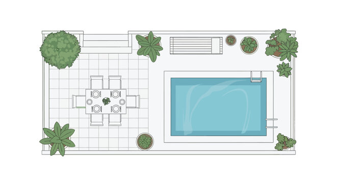 Aerial view of a backyard with a pool patio and landscaping